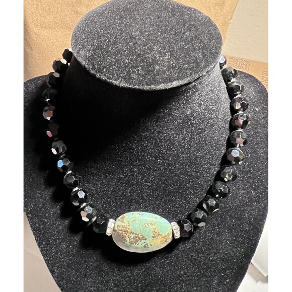 Vintage Rachel Abroms Choker Necklace Black Crystals Turquoise Pendant 14.5” - Picture 3 of 9
